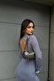Transparent stitch detailed back neckline indigo long dress - 5
