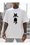 Cat Pattern T-Shirt - White Printed Oversize Crew Neck Short Sleeve T-Shirt