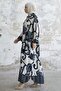 Shirt Collar Patterned Viscose Dress - Black - 5