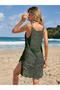 Rope Strap V-Neck Sleeveless Openwork Lace Detailed Mesh Motif Double Slit Khaki Beach Dress Blouse - 3