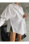 WOMEN'S LONG OVERSIZE EMBROIDERY SIDE STRING DETAIL PREMIUM POPLIN SHIRT MDA44587 - 4