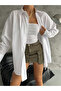 WOMEN'S LONG OVERSIZE EMBROIDERY SIDE STRING DETAIL PREMIUM POPLIN SHIRT MDA44587 - 7