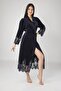 Navy Blue Long Shawl Lace Women's Dressing Gown Bathrobe