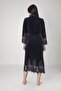 Navy Blue Long Shawl Lace Women's Dressing Gown Bathrobe - 2