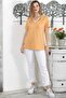 Mustard Color V-Neck Short Sleeve Slit Knitted Casual T-Shirt - 2
