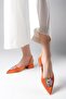 Claudia Orange Color Crystal Buckled Open Back Satin Fabric Women's Low Heel Shoes - 3