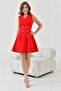 Atlas Fabric Button Detailed Double Breasted Collar Red Flared Dress 9347