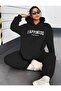 Happiness Printed Black Hooded Bottom Top Black Oversize Women's Tracksuit Set - 3