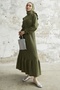 Ruffle Shoulder Pleated Linen Dress - Khaki - 4