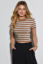 Women's Striped Short Sleeve Crew Neck Camel Blouse