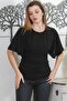 Black Round Neck Handkerchief Sleeve Gathered Knitted Casual Blouse - 2