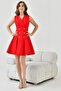 Atlas Fabric Button Detailed Double Breasted Collar Red Flared Dress 9347 - 4