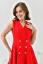 Atlas Fabric Button Detailed Double Breasted Collar Red Flared Dress 9347 - 7