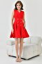 Atlas Fabric Button Detailed Double Breasted Collar Red Flared Dress 9347 - 8
