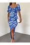Women's Floral Short Sleeve Madonna Sweetheart Neck Midi Length Back Elastic Viscose Dress - 2