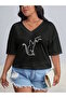 Women's / Girls' V-Neck Plain & Printed Black / White Oversize T-Shirt Casual Boyfirend - 3
