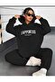 Happiness Printed Black Hooded Bottom Top Black Oversize Women's Tracksuit Set