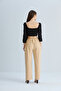 Women's Cream Lace-up Front Elastic Waist Fabric Trousers - 8