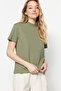 Yağ Yeşili-Gri 2'li Paket %100 Pamuk Basic Dik Yaka Örme T-Shirt TWOSS20TS1500 - 3