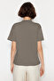 Yağ Yeşili-Gri 2'li Paket %100 Pamuk Basic Dik Yaka Örme T-Shirt TWOSS20TS1500 - 8