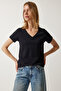 Women's Black V-Neck Basic Knitted T-Shirt UB00261 - 3