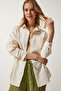Women's Cream Oversize Linen Shirt with Pockets MX00152 - 4