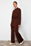 Brown Belted Pocket Detailed Diver/Scuba Knitted Bottom-Top Suit Tctss24Us00043 - 3