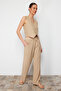 Bej %100 Keten Beli Lastikli Yüksek Bel Wide Leg Pantolon TWOSS24JE00249 - 9