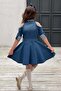 Girl's Shoulder and Collar Stone Embroidered Navy Blue Denim Dress - 3