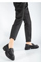Women's Loafer Buckle Thick Sole Black Flat Shoes - 3