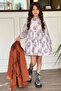 Girl's Floral Patterned Pleated Dress with Tile Trench Coat - 2