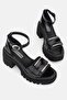 WOMEN'S BLACK Patent Leather Genuine Natural Leather Thick Heeled SANDALS SHOES - 5