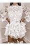 Women's White Stand Collar Special Design Lace & Fluffy Waist Fitted Lined Dress - 2