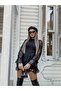Women's Black Stand Collar Special Design Lace & Fluffy Waist Fitted Lined Dress - 2