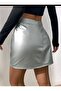 Women's Leather Look Foil Silver Asymmetric Wrap Shiny Silver New Year Party Skirt - 7