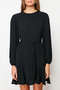 Black Belted Straight Cut Crew Neck Mini Woven Dress TWOAW24EL00337 - 4