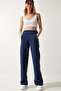 Women's Navy Blue Raised Straight Leg Thick Sweatpants HF00445 - 2