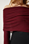 Women's Burgundy Off-shoulder Drawstring Detailed Blouse US00920 - 5
