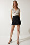 Women's Beige Wrap Collar Padded Knitted Blouse with Snap Fasteners ZH00014 - 5