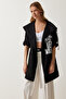 Women's Black Printed Oversize Gabardine Jacket SA00023 - 4