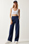 Women's Navy Blue Raised Straight Leg Thick Sweatpants HF00445 - 3