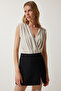 Women's Beige Wrap Collar Padded Knitted Blouse with Snap Fasteners ZH00014 - 4