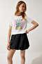 Women's White Printed 100% Cotton Knitted T-Shirt WO00037 - 3