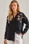 Women's Black Embroidered Wooden Bead Patterned Linen Ayrobin Shirt 60181026