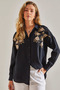 Women's Black Embroidered Wooden Bead Patterned Linen Ayrobin Shirt 60181026 - 8