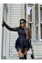 Women's Black Stand Collar Special Design Lace & Fluffy Waist Fitted Lined Dress