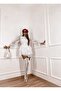 Women's White Stand Collar Special Design Lace & Fluffy Waist Fitted Lined Dress - 3