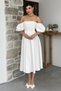 Women's Atlas Fabric Strapless Collar Pleated Flared Cut Short Balloon Sleeve Midi Length White Dress 167 - 4