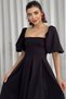 Women's Atlas Fabric Strapless Collar Pleated Flared Cut Short Balloon Sleeve Midi Length Black Dress 167 - 2