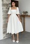 Women's Atlas Fabric Short Balloon Sleeve Strapless Collar Pleated Flared Cut Midi Length White Dress 167